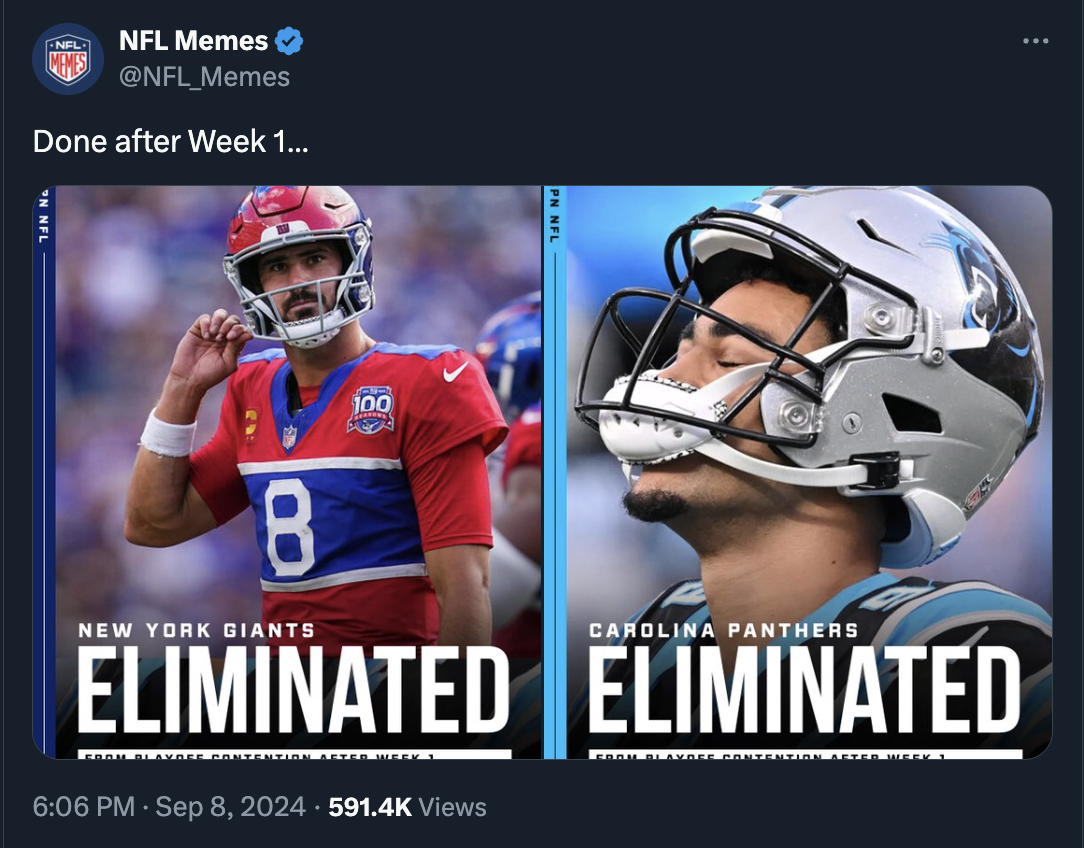 Bryce Young - Nfl Memes Memes Done after Week 1... N Nfl 100 Pn Nfl 8 New York Giants Eliminated Views Carolina Panthers Eliminated